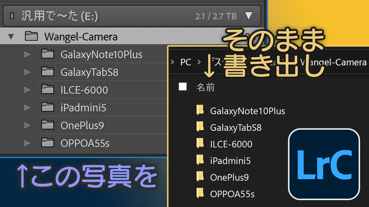 Lightroom Classic と エクスプローラーのフォルダ一覧のスクリーンショット。「この写真をそのまま書き出し」のテキスト。右下に Lightroom Classic のロゴ。