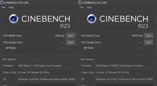 Ryzen 7 1700 でのベンチマーク結果 (7393 点) と、Ryzen 5 5500GT でのベンチマーク結果 (10370 点)。