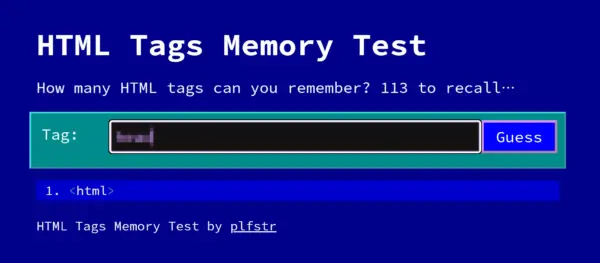 HTML Tags Memory Test にタグの名前を入力している様子。入力中のタグにはモザイクが掛かっている。