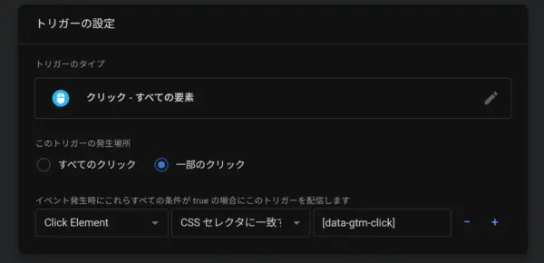 Google タグマネージャーのトリガー設定で data-gtm-click 属性のある要素を条件としている設定画面。