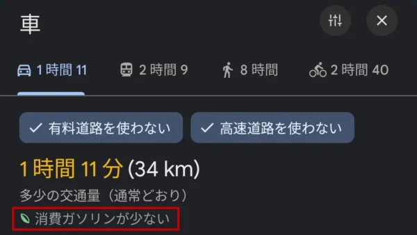 Google マップのルート概要が表示されているスクリーンショット。「消費ガソリンが少ない」というテキストを赤い枠でハイライトしている。