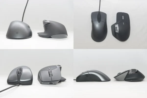 RAPOO MT760L と Microsoft Classic IntelliMouse を 4 方向から見た写真。IntelliMouse よりも横と縦の大きさが一回り小さく、高さは一回り大きい。