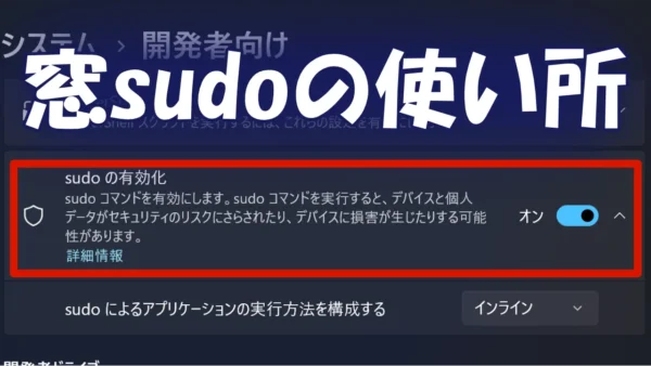 Windows の開発者向け設定の「sudo の有効化」がハイライトされているスクリーンショット。「窓 sudo の使い所」というテキスト。
