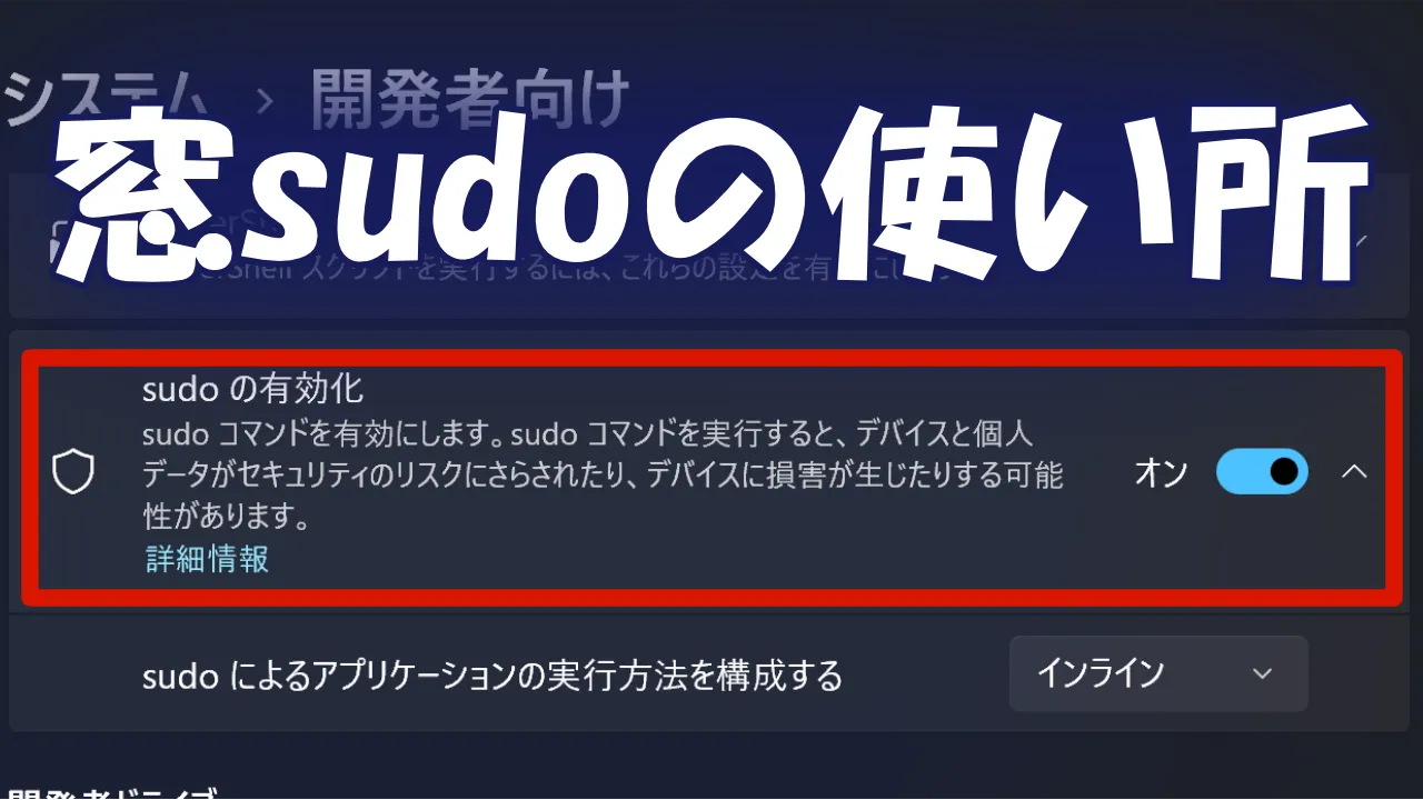 Windows の開発者向け設定の「sudo の有効化」がハイライトされているスクリーンショット。「窓 sudo の使い所」というテキスト。